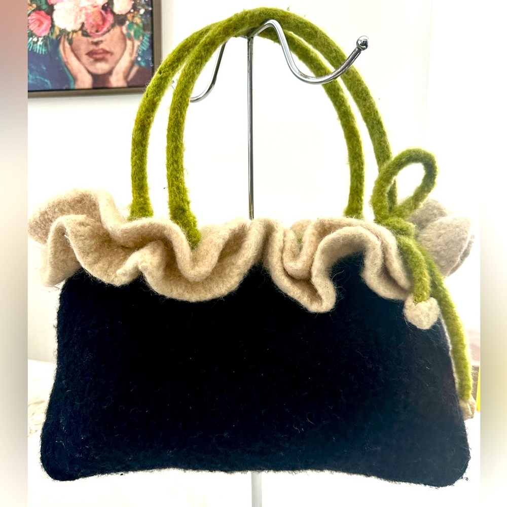 Felted Wool Black and Cream Handbag